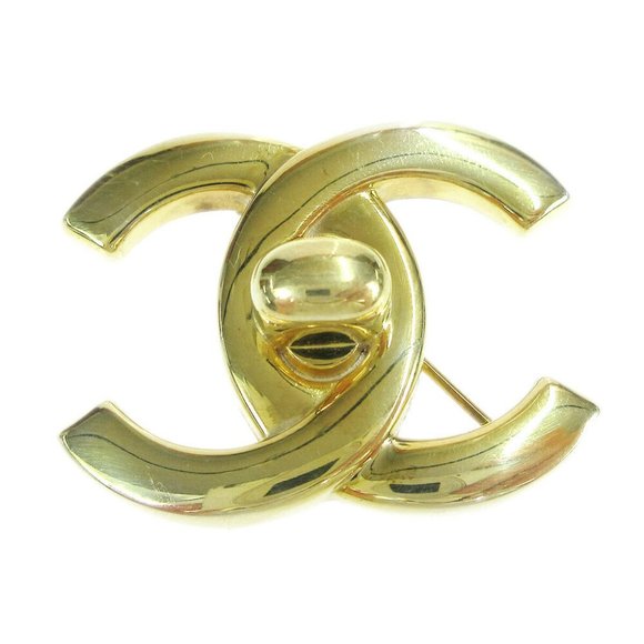 Authentic CHANEL CC LCHANEL CC Logos Turnlock Motif Brooch Pin Corsage Gold-Tone - Picture 1 of 4